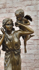 Signed Moreau Young Lady With Two Angels Bronze Sculpture Statue Figurine Decor