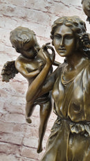Signed Moreau Young Lady With Two Angels Bronze Sculpture Statue Figurine Decor