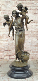 Signed Moreau Young Lady With Two Angels Bronze Sculpture Statue Figurine Decor