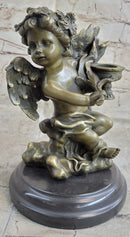 SIGNED BRONZE STATUE SCULPTURE DESK ANGEL CANDLEHOLDER FIGURINE ART DECO FIGURE