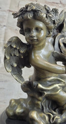 SIGNED BRONZE STATUE SCULPTURE DESK ANGEL CANDLEHOLDER FIGURINE ART DECO FIGURE