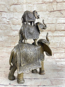 Stacked 3 Lucky Elephants Bronze Metal Statue Sculpture Figurine 12" x 12"