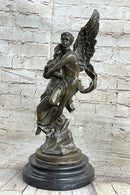 Signed Jean Debut Sculpture of a Romantic Couple Angel Bronze Statue 13" x 6"