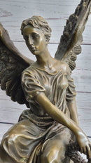 Bronze Statue of Seated Angel Holding Wreath Sculpture on Marble Base 17" x 9"