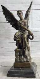 Bronze Statue of Seated Angel Holding Wreath Sculpture on Marble Base 17" x 9"