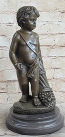 Angelic Young Boy Child Holding Apple Bronze Statue Sculpture Figure 14" x 6"