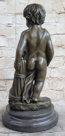 Angelic Young Boy Child Holding Apple Bronze Statue Sculpture Figure 14" x 6"