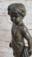 Angelic Young Boy Child Holding Apple Bronze Statue Sculpture Figure 14" x 6"