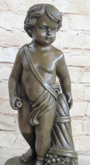 Angelic Young Boy Child Holding Apple Bronze Statue Sculpture Figure 14" x 6"