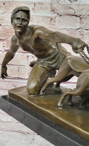 Man Holding 4 Dogs on Chain Leash Bronze Statue Sculpture Figure 10" x 24"