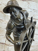 Ship Captain Fisherman Nautical Ocean Sailor Boating Decor Bronze Statue Sculpture 17.5" x 7"