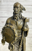 Native American Warrior w/ Tomahawk Bronze Sculpture Statue on Marble Base