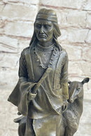 Native American Man w/ Deer Bronze Figure Statue Sculpture Signed Original Art 12" x 5"