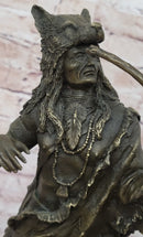 Bronze Mohican Indian Warrior Chief Art Marble Base Sculpture Native American