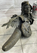 Native American Warrior With Eagle Headdress And Horn Bronze Sculpture Figurine