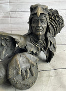 Native American Warrior With Eagle Headdress And Horn Bronze Sculpture Figurine