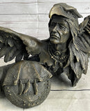Native American Warrior With Eagle Headdress And Horn Bronze Sculpture Figurine