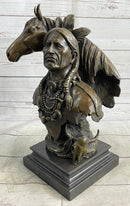 Native American Man & Horse Bronze Bust Statue Sculpture Western Art 14" x 10"