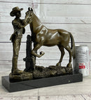 Cowboy Rancher Tending Horse Bronze Statue Sculpture Figure Western Decor 11" x 12"