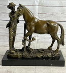 Cowboy Rancher Tending Horse Bronze Statue Sculpture Figure Western Decor 11" x 12"