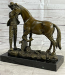 Cowboy Rancher Tending Horse Bronze Statue Sculpture Figure Western Decor 11" x 12"
