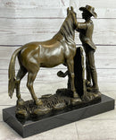 Cowboy Rancher Tending Horse Bronze Statue Sculpture Figure Western Decor 11" x 12"