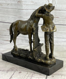 Cowboy Rancher Tending Horse Bronze Statue Sculpture Figure Western Decor 11" x 12"