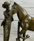 Cowboy Rancher Tending Horse Bronze Statue Sculpture Figure Western Decor 11" x 12"