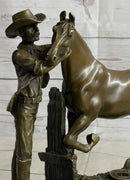 Cowboy Rancher Tending Horse Bronze Statue Sculpture Figure Western Decor 11" x 12"