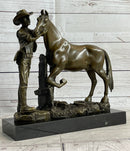 Cowboy Rancher Tending Horse Bronze Statue Sculpture Figure Western Decor 11" x 12"