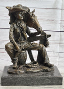 Cowboy & Horse Sitting Having a Drink Bronze Statue Sculpture Country Western