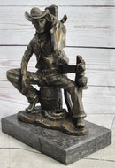 Cowboy & Horse Sitting Having a Drink Bronze Statue Sculpture Country Western