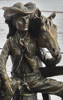 Cowboy & Horse Sitting Having a Drink Bronze Statue Sculpture Country Western