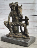Cowboy & Horse Sitting Having a Drink Bronze Statue Sculpture Country Western
