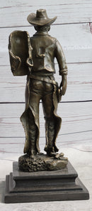 Country Western Cowboy in Chaps Carrying Horse Saddle Bronze Statue Sculpture Figure 12" x 4"
