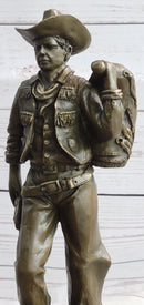 Country Western Cowboy in Chaps Carrying Horse Saddle Bronze Statue Sculpture Figure 12" x 4"