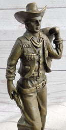 Country Western Cowboy in Chaps Carrying Horse Saddle Bronze Statue Sculpture Figure 12" x 4"