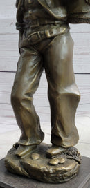Country Western Cowboy in Chaps Carrying Horse Saddle Bronze Statue Sculpture Figure 12" x 4"