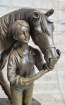 Equestrian Little Girl Child w/ Horse Bronze Statue Sculpture Figurine 11" x 12"