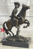 Cowboy on Horseback Hopping a Fence Bronze Sculpture Statue Western Decor