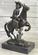 Cowboy on Horseback Hopping a Fence Bronze Sculpture Statue Western Decor