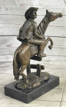 Cowboy on Horseback Hopping a Fence Bronze Sculpture Statue Western Decor