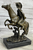 Cowboy on Horseback Hopping a Fence Bronze Sculpture Statue Western Decor