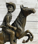 Cowboy on Horseback Hopping a Fence Bronze Sculpture Statue Western Decor
