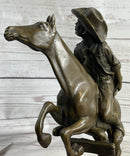 Cowboy on Horseback Hopping a Fence Bronze Sculpture Statue Western Decor