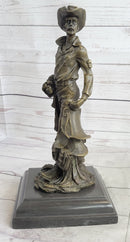 Cowboy Holding Horse Saddle Bronze Statue Sculpture Figure Western 13" x 6"