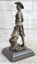 Cowboy Holding Horse Saddle Bronze Statue Sculpture Figure Western 13" x 6"