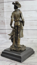 Cowboy Holding Horse Saddle Bronze Statue Sculpture Figure Western 13" x 6"
