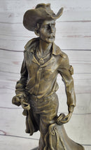 Cowboy Holding Horse Saddle Bronze Statue Sculpture Figure Western 13" x 6"