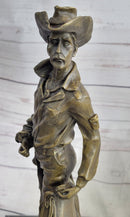 Cowboy Holding Horse Saddle Bronze Statue Sculpture Figure Western 13" x 6"
